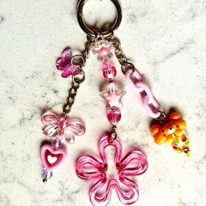 Pink Floral & Charm Kids Keychain - Cute Butterfly, Heart & Teddy Accessories